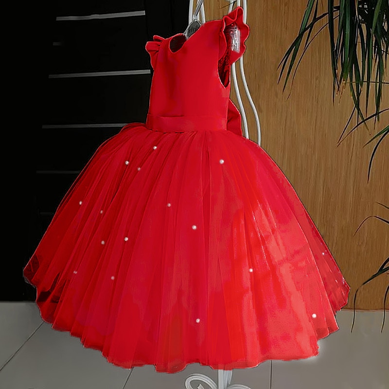 Toddler Kids Princess Dress for Baby Girl Formal Wedding Dress Elegant Children Prom Backless Vestidos Red Christmas Costume