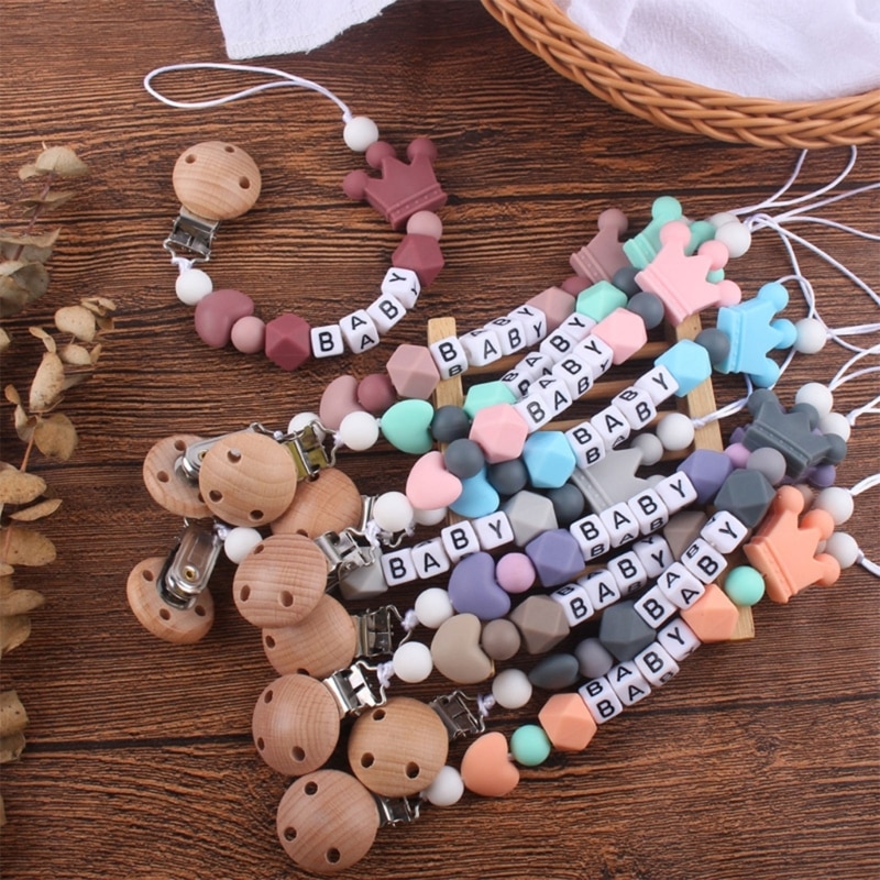 Cute Crown Bead Pacifier Clips Silicone Wooden Holder Newborn Soother Chains for Baby Teether Teething Chain Shower Gift