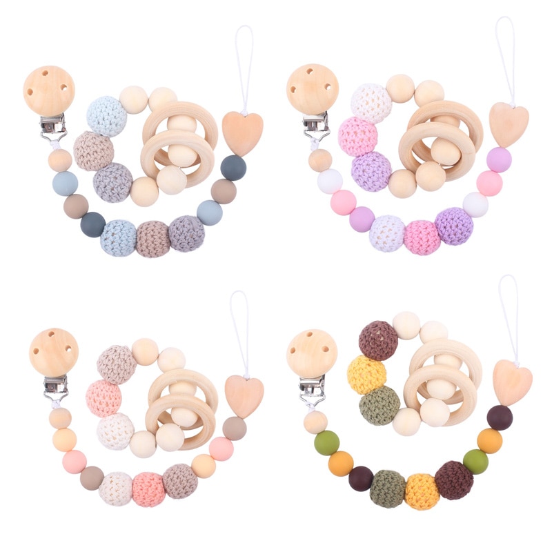 Wooden Baby Pacifier Clip Dummy Chian Holder Silicone Baby Bead Teether Soother Toy for Baby Chew Rattles Newborn Shower Gifts