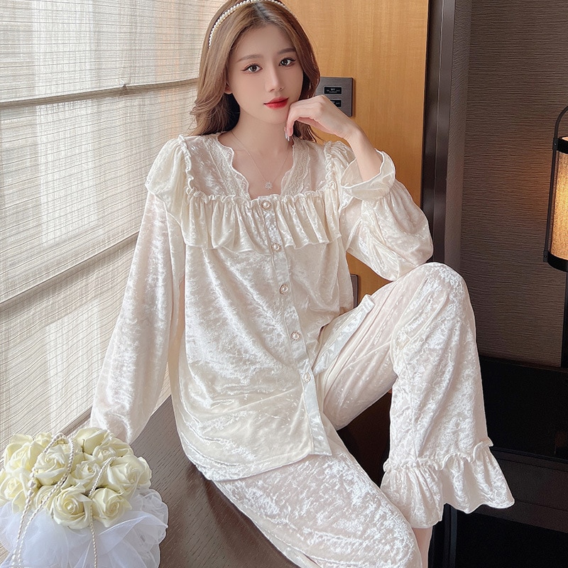 Autumn Women Pajamas Set Sweet White Ruffle Long Sleeve Trouser Suits Pyjama Pour Femme Loose Velour 2PCS Shirt&Pant Homewea