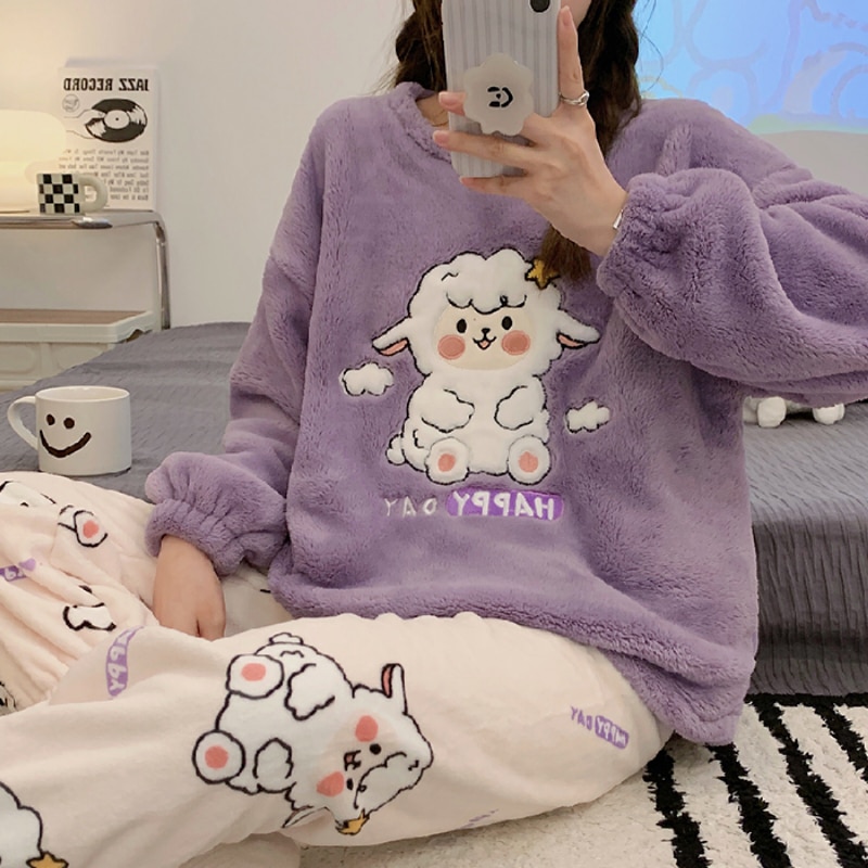 Autumn Winter Warm Flannel Women's Pajamas Set Long-sleeved Trousers Two-piece Cute Girls Christmas Party Homewear Clothes 