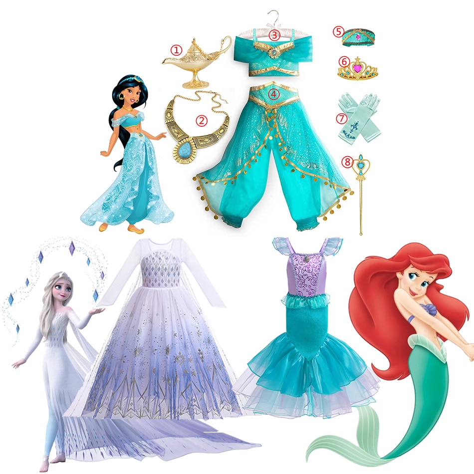Disney Princess Jasmine Dress Aladdin Girl Carnival Party Cosplay Clothes Mermaid Costume Frozen2 Princess Elsa Vestido Clothing