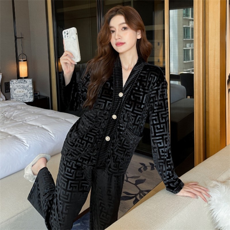 QSROCIO Women's Pajamas Set Velvet Luxury Pressed Stripes Pattern Sleepwear Casual Homewear V Neck Nightwear Pyjama Femme P
