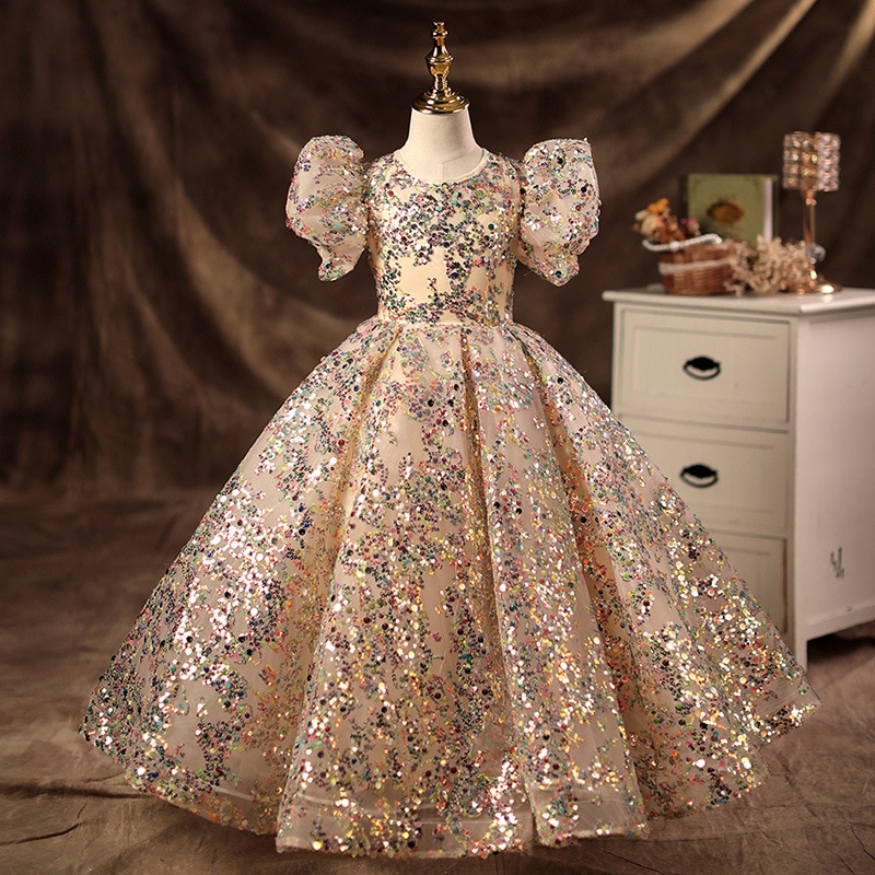 Luxury Sequined Champagne Flower Girl bridesmaid Dresses elegant Long Ball Gown Teens Pageant Dress Birthday Party Evening Gowns