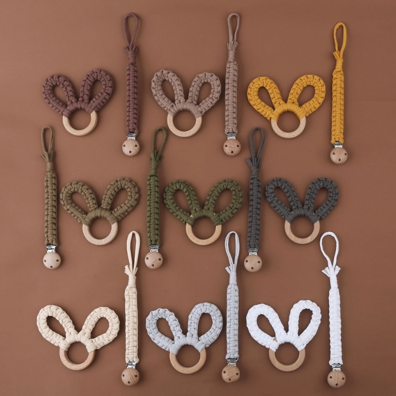 Wooden Teether Rings & Crochet Pacifier Clip Bunny Ear Rattle Teething Toy Soother Clip Unisex Nipple Chain Infant Gift