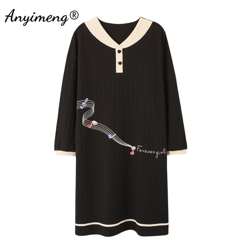 New Autumn Winter Princess Style Nightgown Music Printing Long Sleeve Women's Nightdress Cotton Black Nightskirt for Young 
