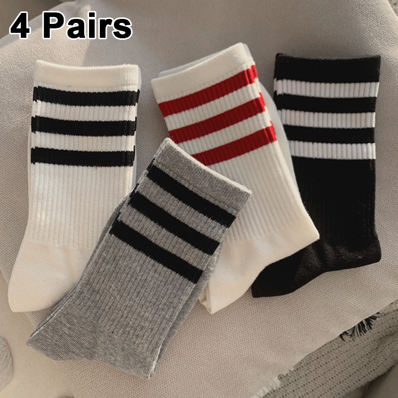 4Pairs Solid Stripe Socks Women Men Sports Sneaker Skateboard Socks Striped Crew Socks Cotton Mid Tube Sock Casual Winter Sox
