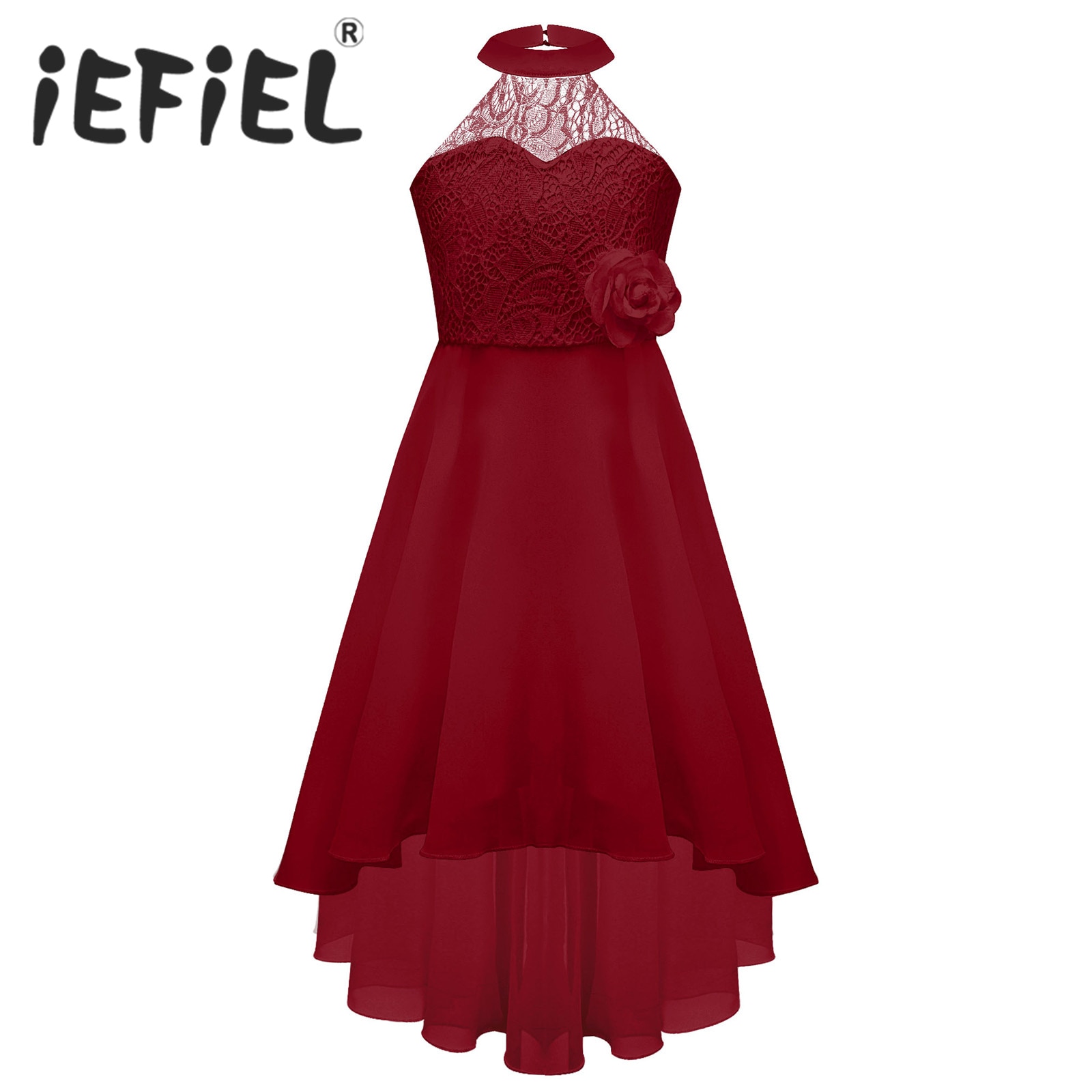 Kids Flower Girls Dress Elegant Lace Chiffon Birthday Party Dress Sleeveless Backless High-low Hem Dress for Wedding Evening