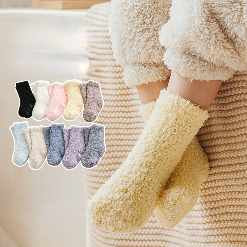 Fashion Autumn Winter Baby Floor Socks Baby Coral Velvet Thickened Anti-skid Middle Tube Baby Toddler Socks At Home 0-5 Years