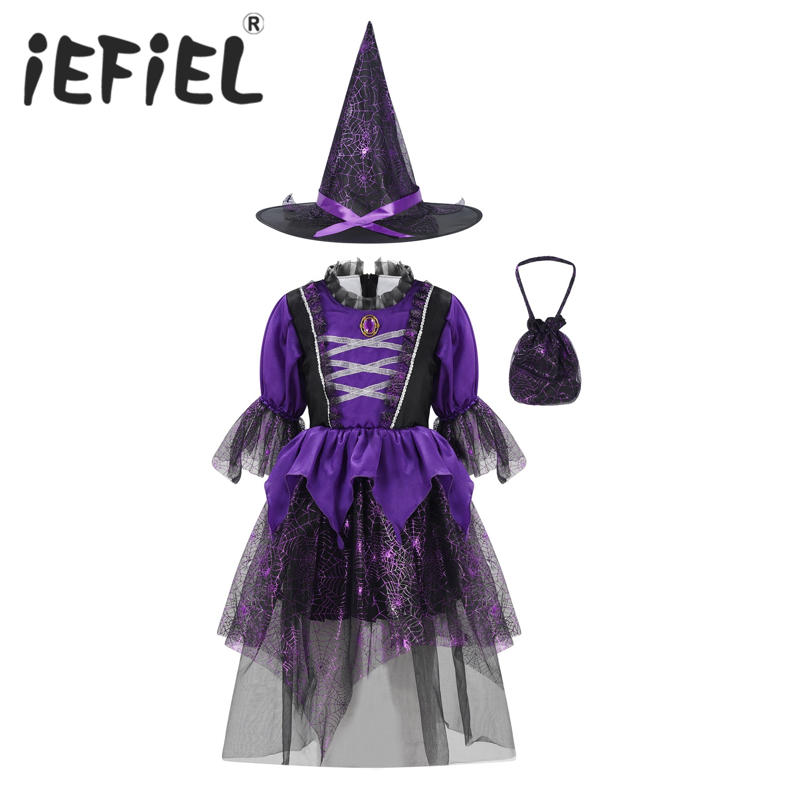 Kid Girls Halloween Witch Costume Puff Sleeve Cobweb Printed Carnival Cosplay Party Dress with Pointed Hat Candy Handbag Suit