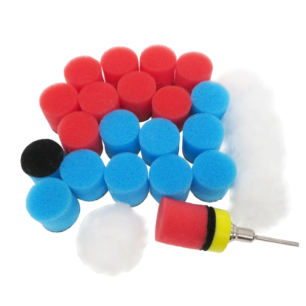 26 Pcs Mini Car Foam Drill Polishing Pad Kit Hook and Loop 1 Inch 25mm Detail Sponge Wool Waxing