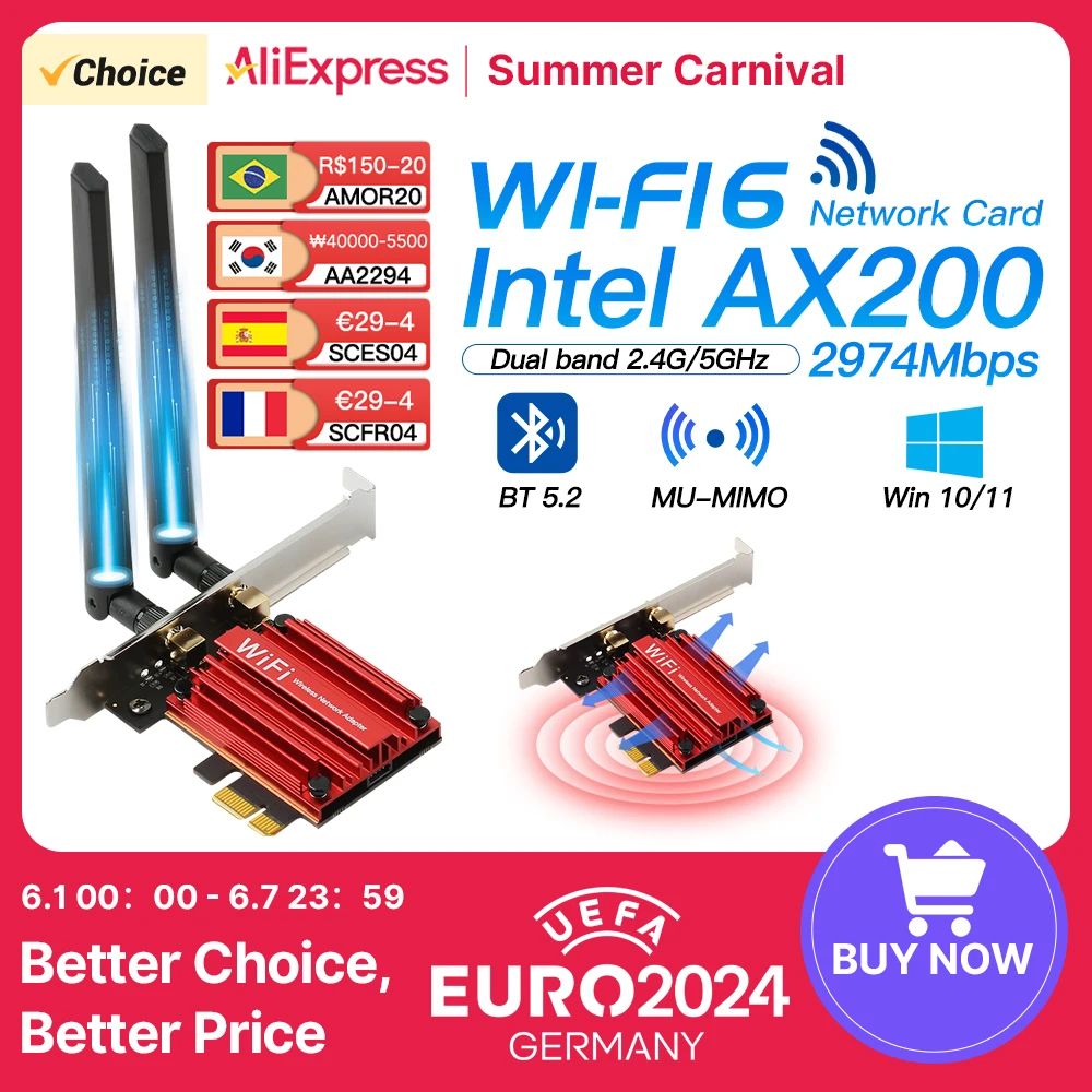 WiFi 6E Intel AX210 Tri-Band PCI-E Wireless Bluetooth 5.3 Network Card 2.4GHz/5GHz/6GHz 802.11AX