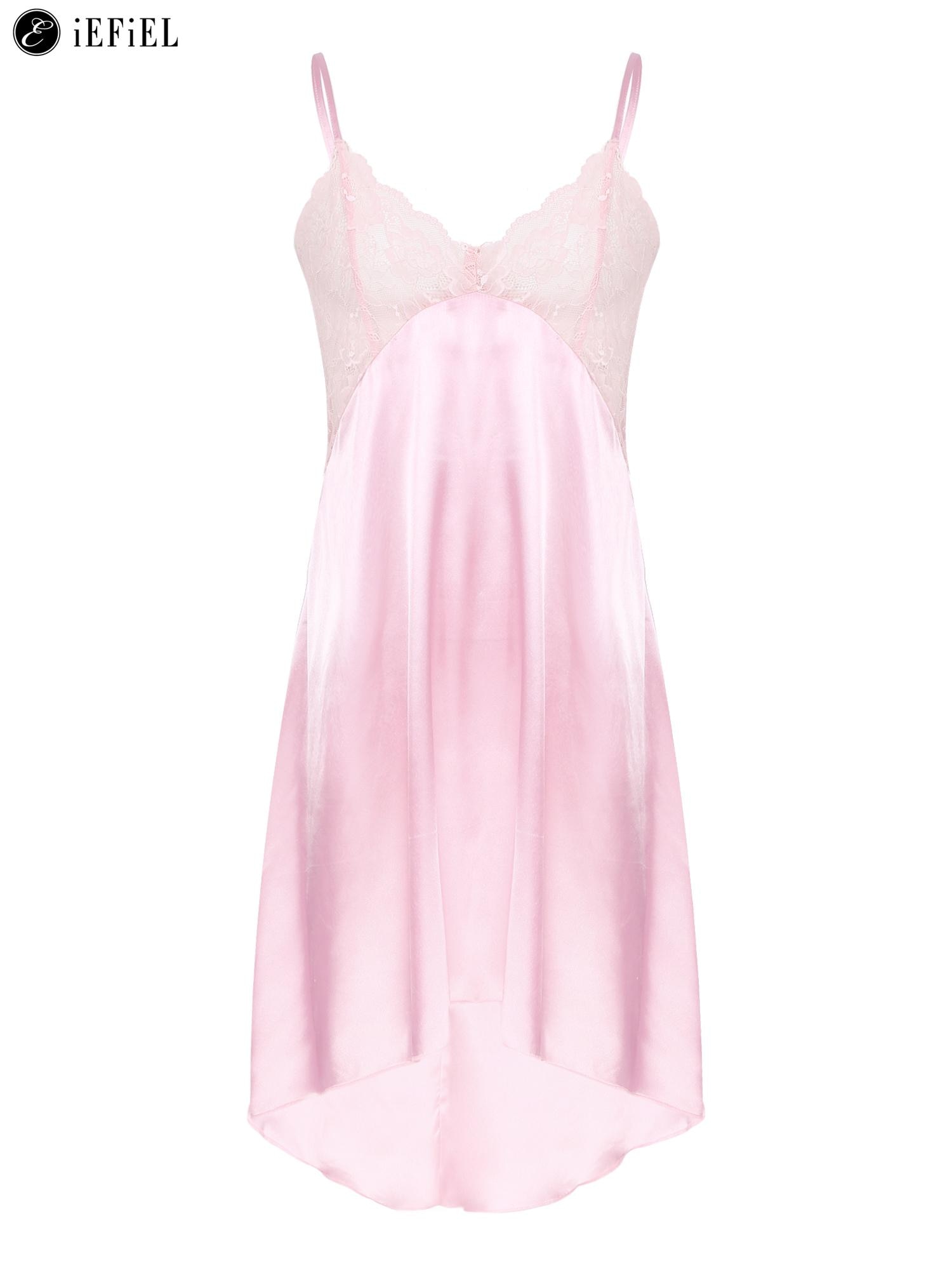 Men's Sissy Lingerie Satin Silky Spaghetti Straps V-Neck Sleep Dress Teddy Chemise Crossdresser Nightwear Pajamas Sleepwear