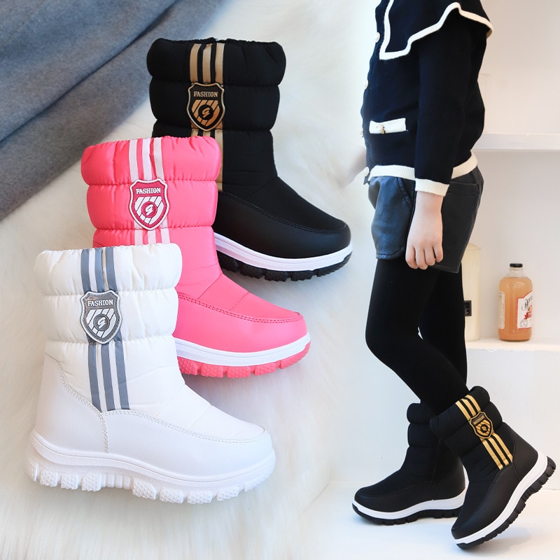 Winter Warm Fur Ankle Boots Children Black Furry Shoes Girls Non-slip Waterproof Kids Footwear Child New Fashion Snow Boots Pink