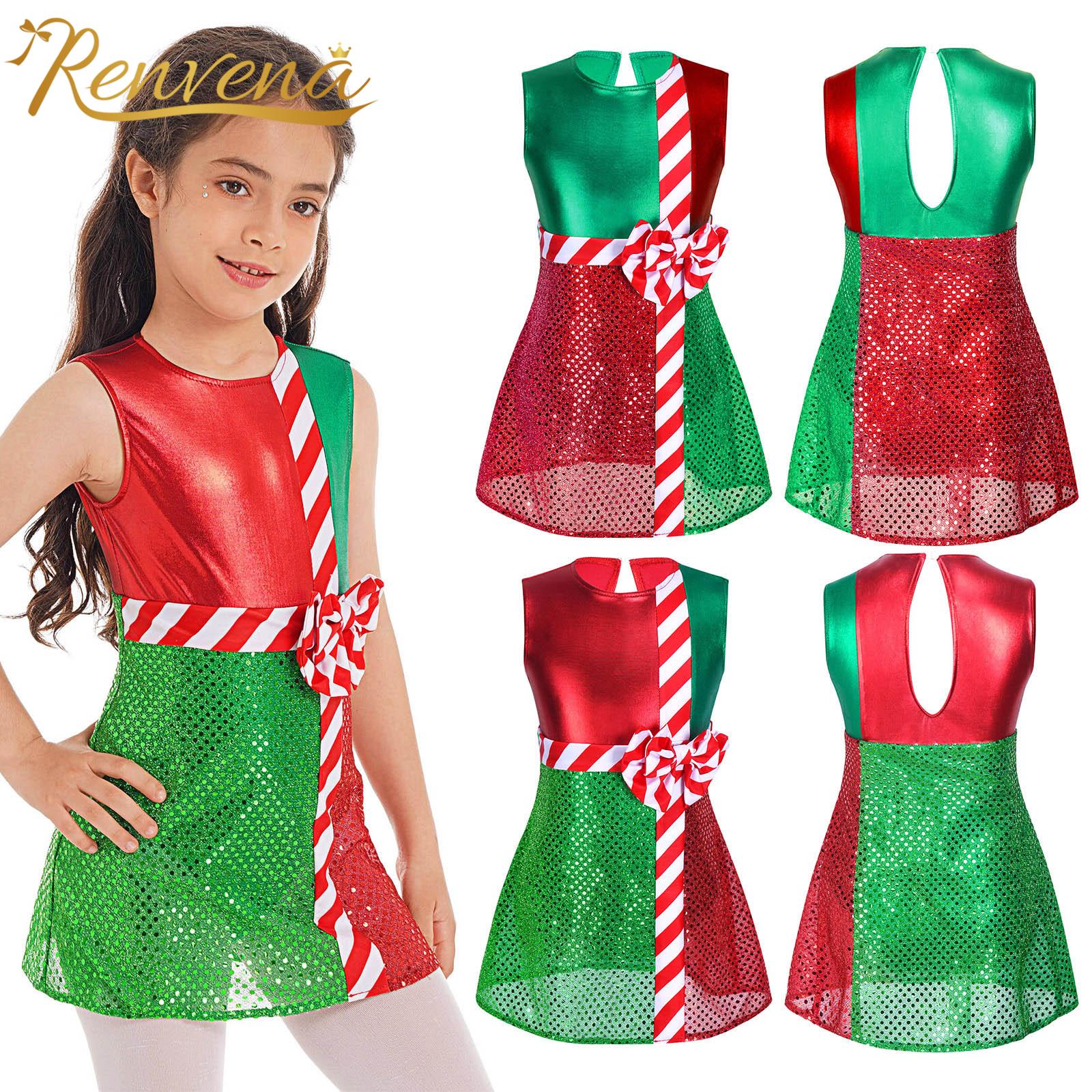 2022 Kids Girls Christmas Dress Up Striped Color Block Sleeveless Shiny Metallic Dance Leotard Dress Xmas Party Stage Costumes