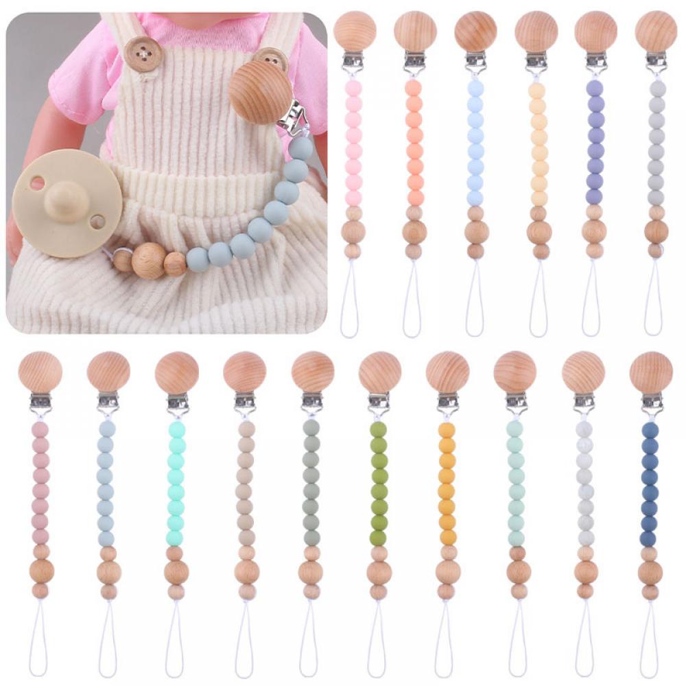 New Beech Wood Clips Safe Silicone Beads Pacifier Clips Chain for Baby Dummy Nipple Holder Soother Teething Toy Baby Chew
