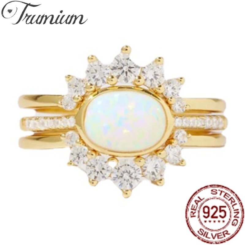 Trumium 3Pcs/Set 925 Sterling Silver Stackable Opal Ring Clear CZ Finger Rings for Women Luxury Wedding Band Silver 925 Jewelry