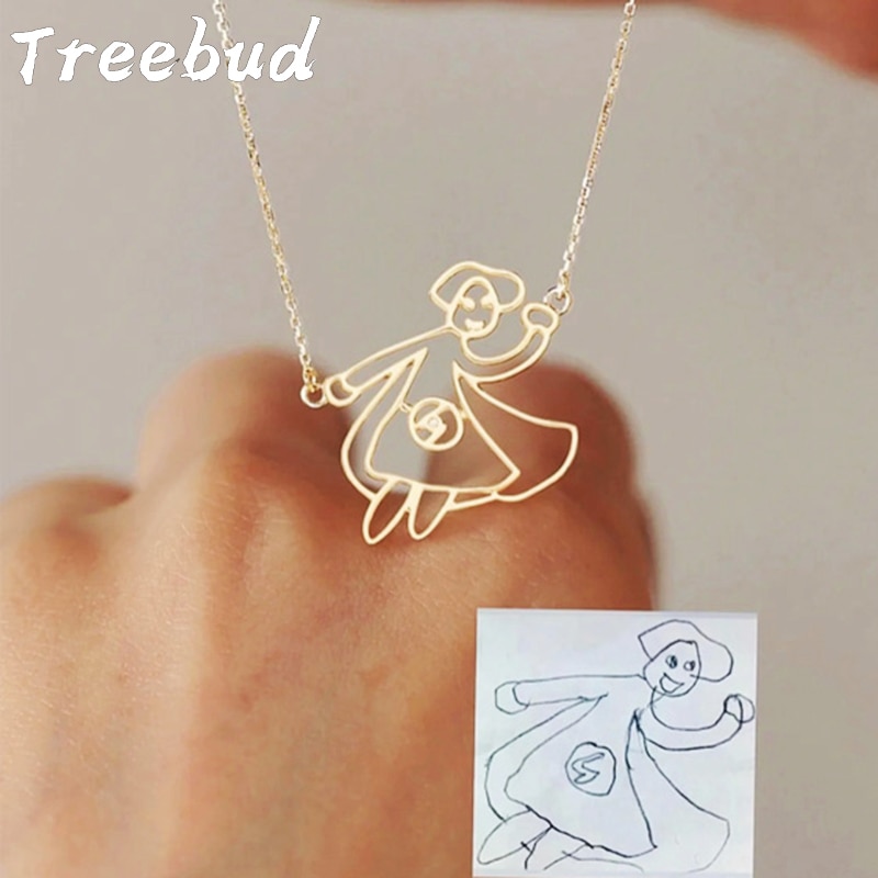 Treebud Custom Children's Drawing Necklace Stainless Steel for Women Men Stainless Steel Unique Logol Artwork Pendant Jewel