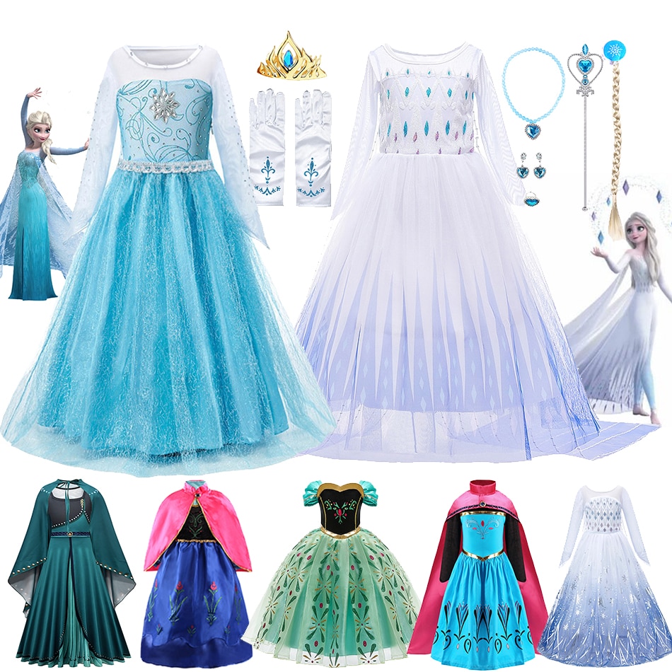 Disney Anna Elsa Costume for Girls Frozen 2 Princess Cosplay Dress Children White Snow Queen Carnival Birthday Party Clothes