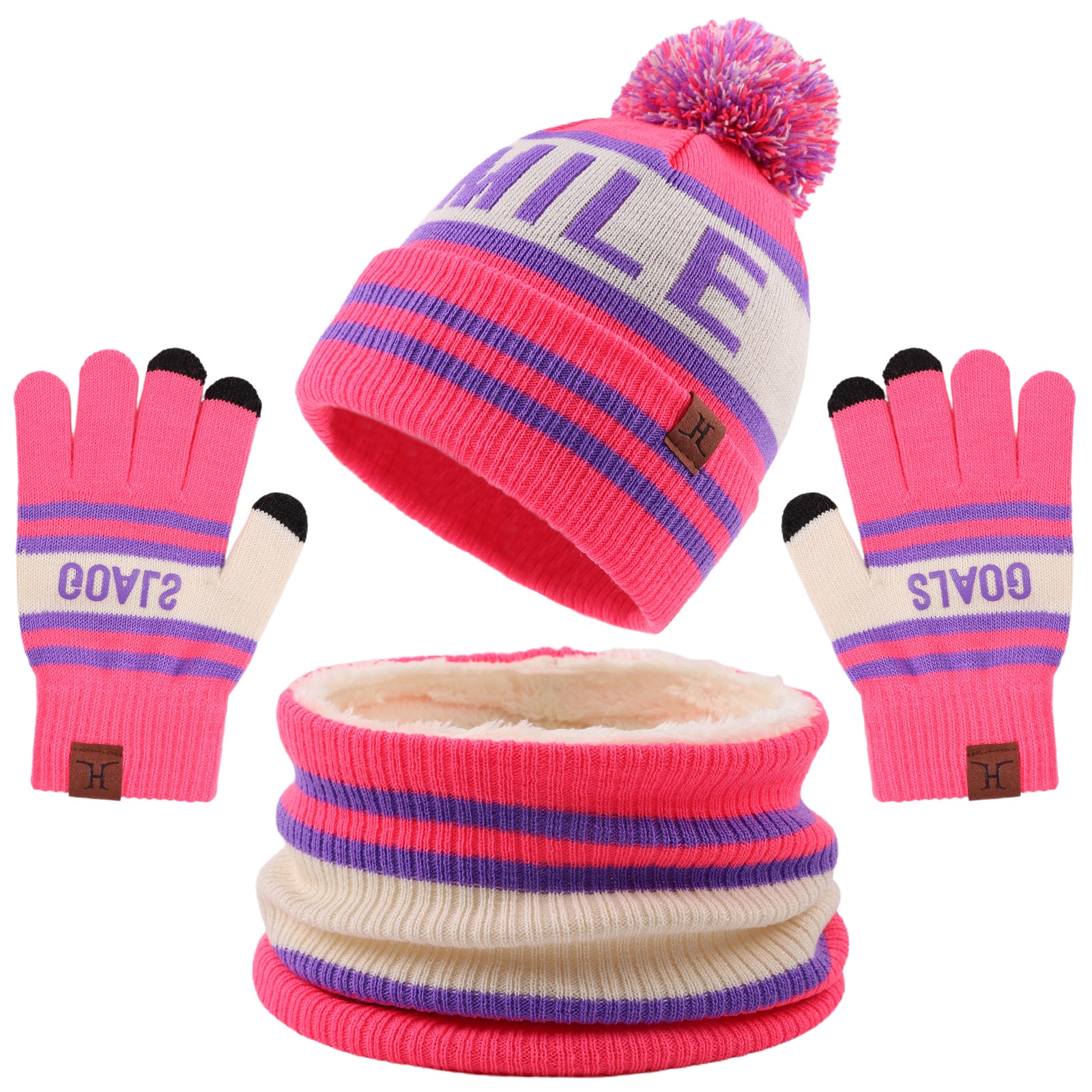 2022 Winter Kids Boys Striped Hat Gloves Scarf Eye-catching 3Pcs Set Baby Girl Bright Hat Neck Warm Fashion Gloves For 3-8 Years