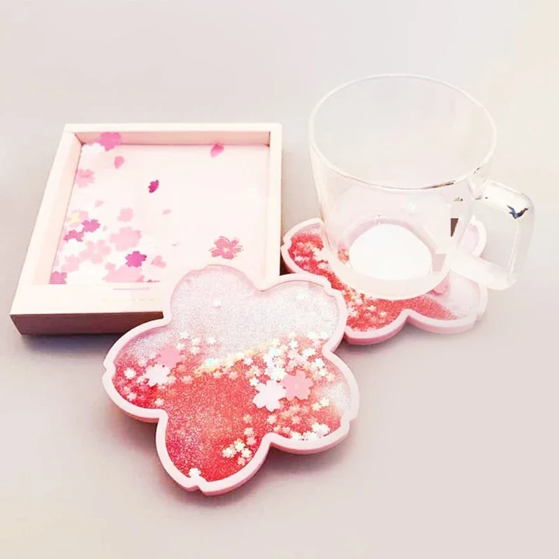 Cherry Blossom Glitter Coasters Silicone Quicksand Flash Sakura Placemat Coffee Cup Mat Non-Slip