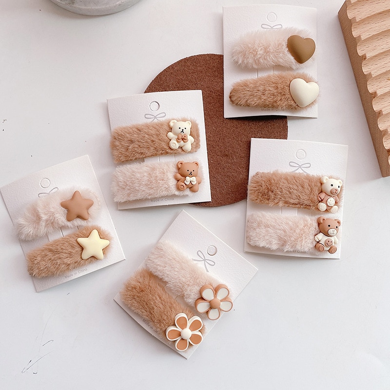 Korean Style Cute Bear Star Flower Hairpins for Girls Kids Baby Hair Clips Soft Plush Hair Clips Hair Accessories for Baby Girl