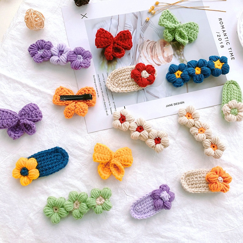 1pc Wool Children Hair Clips Girl's Hand-woven Flower Bangs Clip Korean Fashion BB Clip Girls Cute Toddler Kids Hair Access