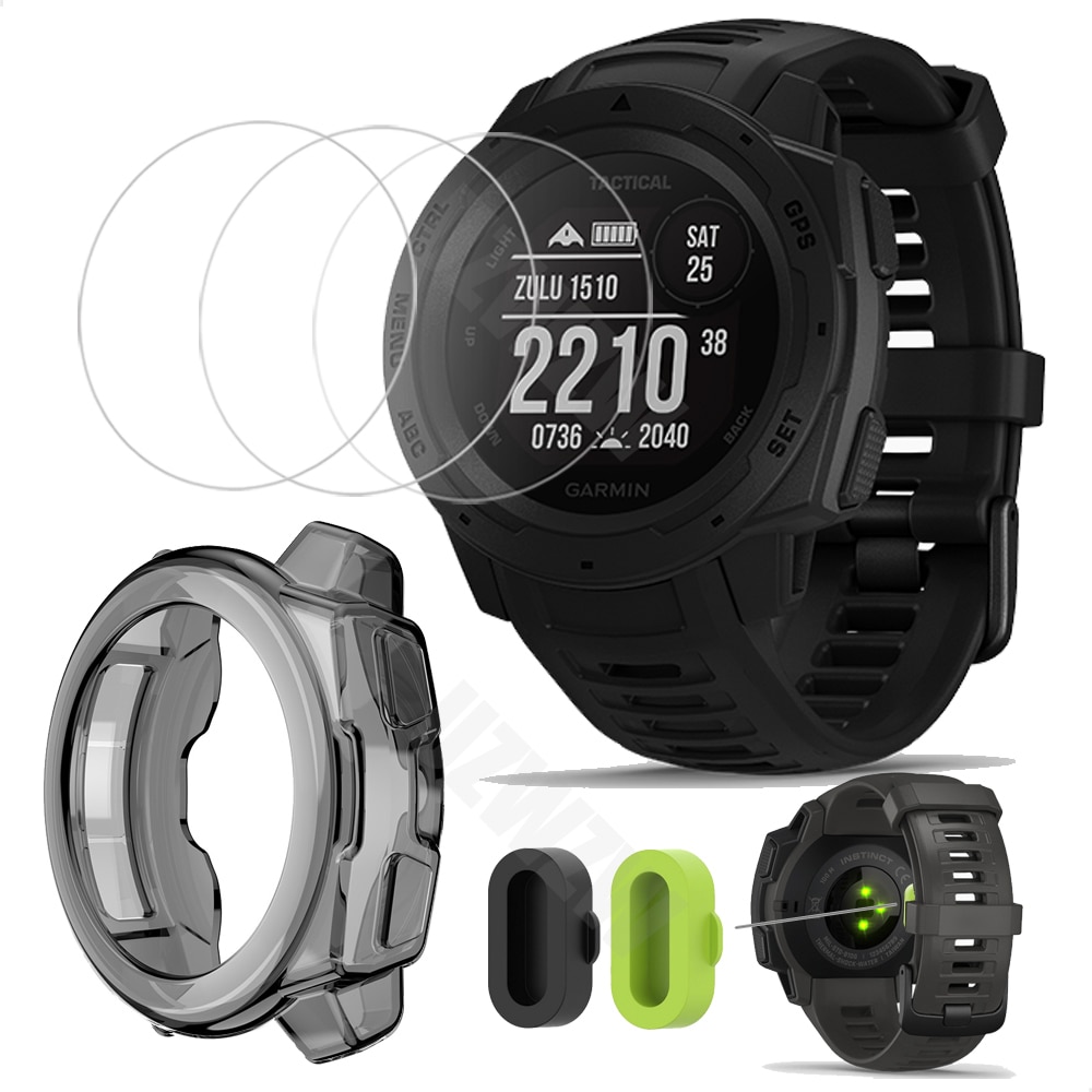 (3+2+1) For Garmin Instinct / Solar (3pcs) Screen Protector Tempered Glass & (2pcs) Dust Plug & (1pcs) Protective Case C