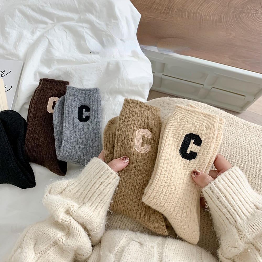 Luxury Women Wool Socks Warm Winter Thick Cashmere Casual Japanese Fashion Solid Color Comfortable Home Sock Long High Quality
