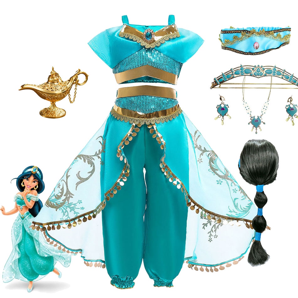 Disney Children Aladdin Lamp Dress Kids Jasmine Costume Girls Birthday Princess Cosplay Shoulderless Outfit Dance Clothes 3-10T