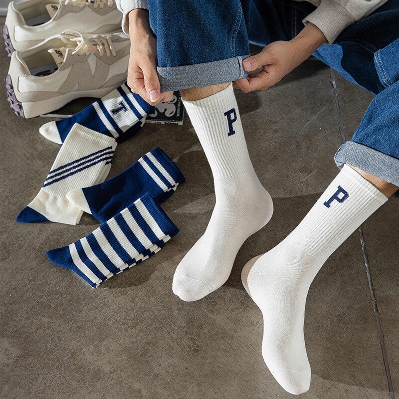 Men's Pure Cotton Middle Tube Socks with Letter Striped Winter Socks Fashion Blue White Socks