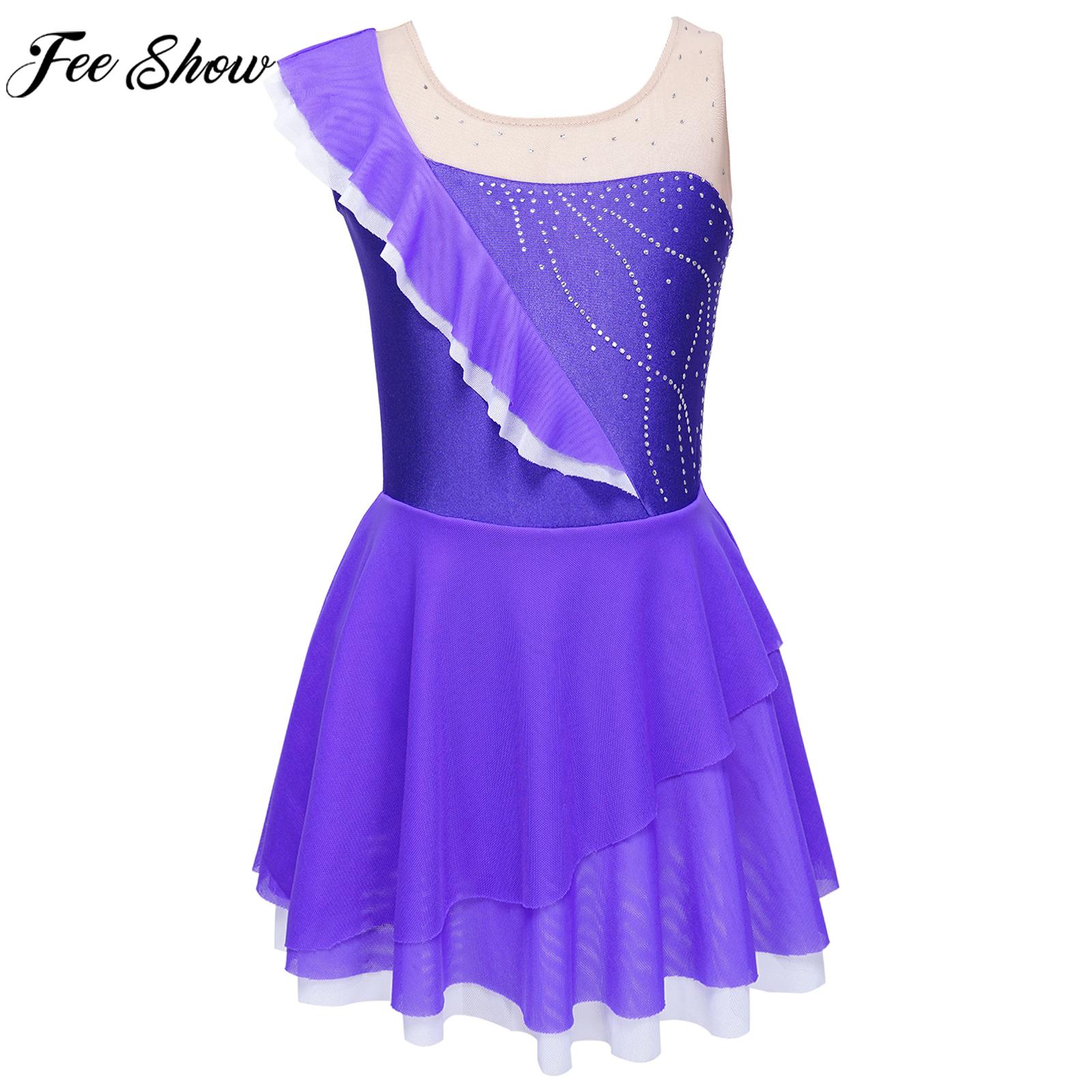 Children Girls Ballet Dance Figure Skating Dress Sleeveless Shiny Rhinestone Leotard Tutu Ballerina Dancewear Gymnastics Costume