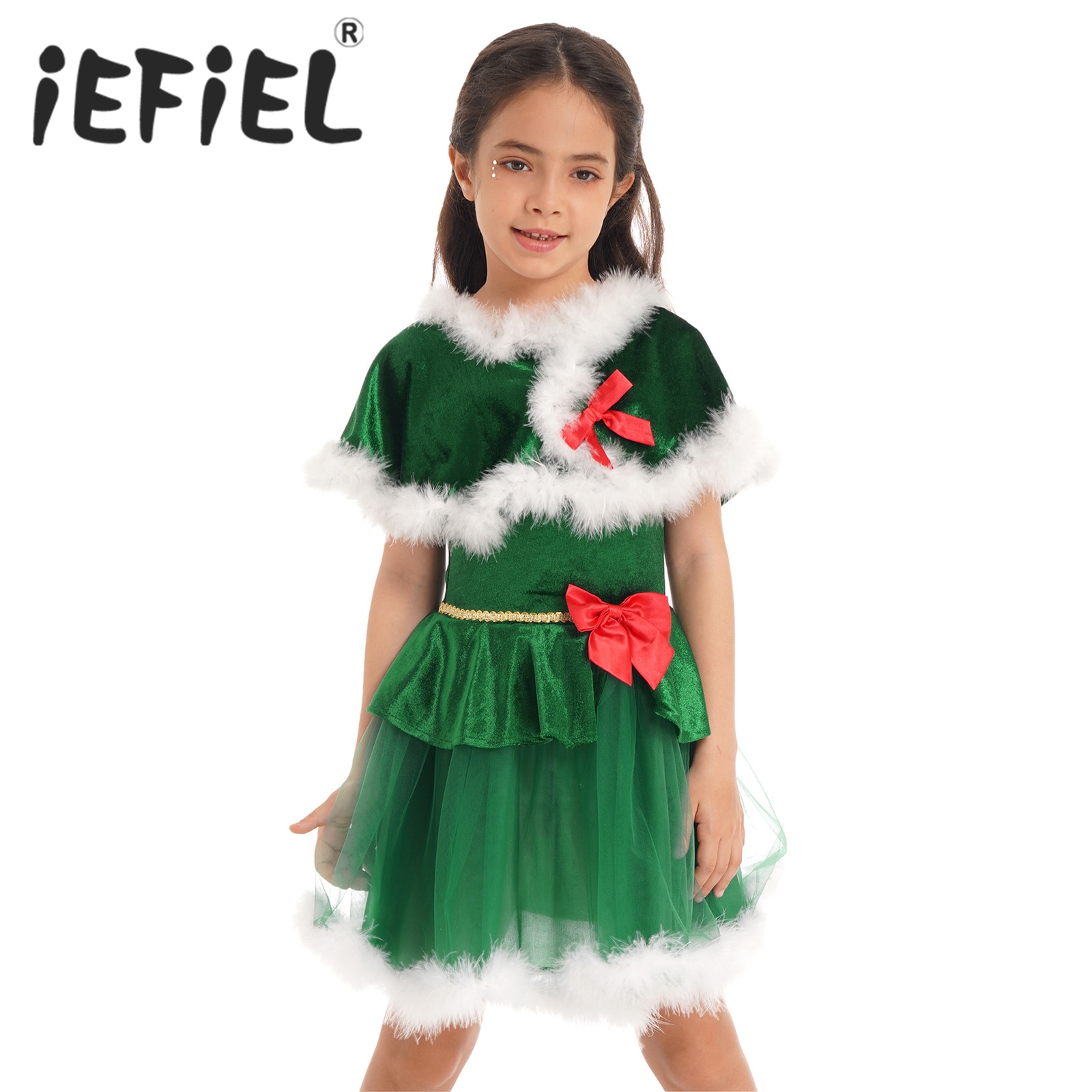 Kids Girls Elf Christmas Costume Xmas New Year Clothes Cosplay Sets Faux Fur Bowknot Velvet Tulle Tutu Dress and Cape Outfits