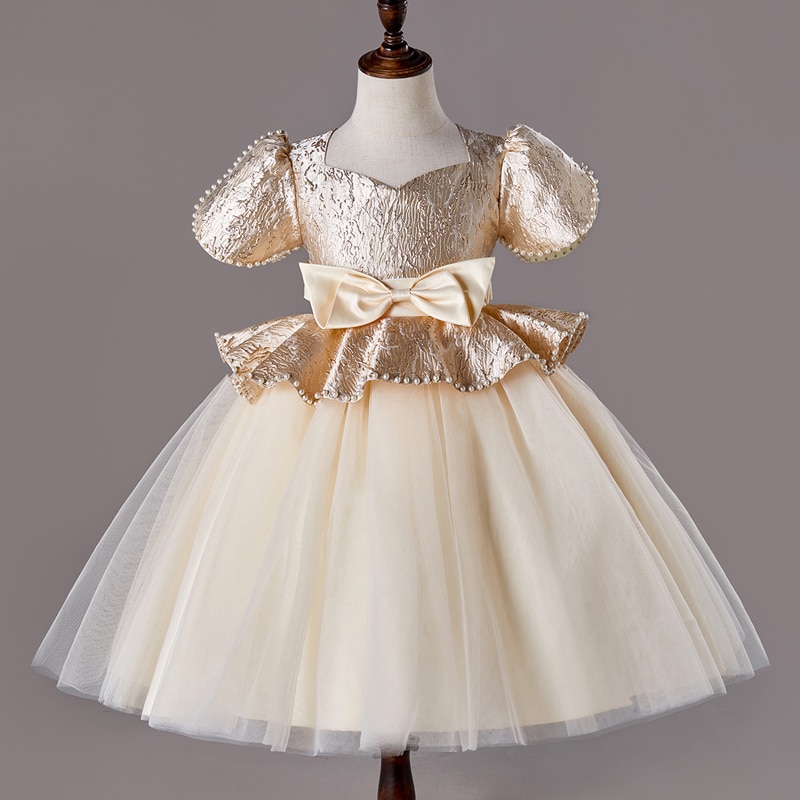 Girls dress champagne evening dress short bubble sleeve dress short skirt dinner skirt
