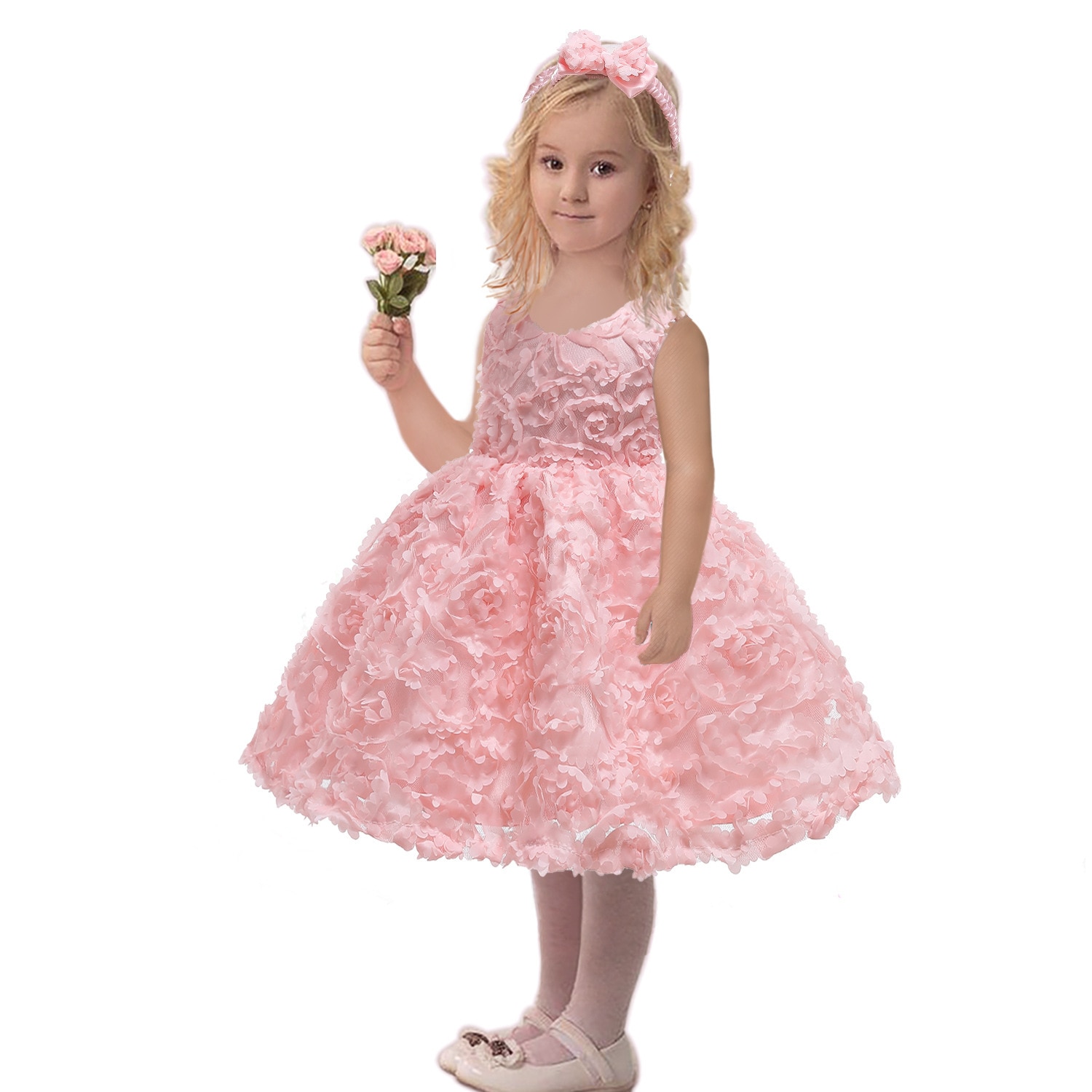 Party Dress For Girls 1 2 3 4 5 Years Flower Girl Dresses Princess Kids Knee-Length 3D Flowers Children Ball Gowns Gift Headband