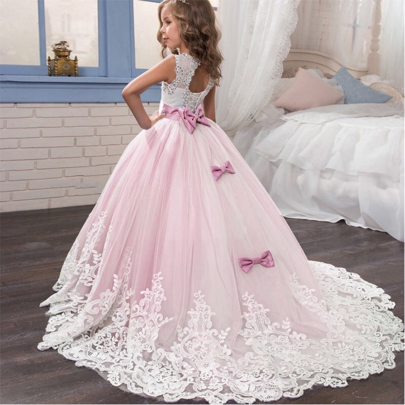 Hot Selling Beautiful Girl Party Dress With Long Train Patchwork Backless Kids Prom Dresses Lace Ball Gowns 2-14 Years Children