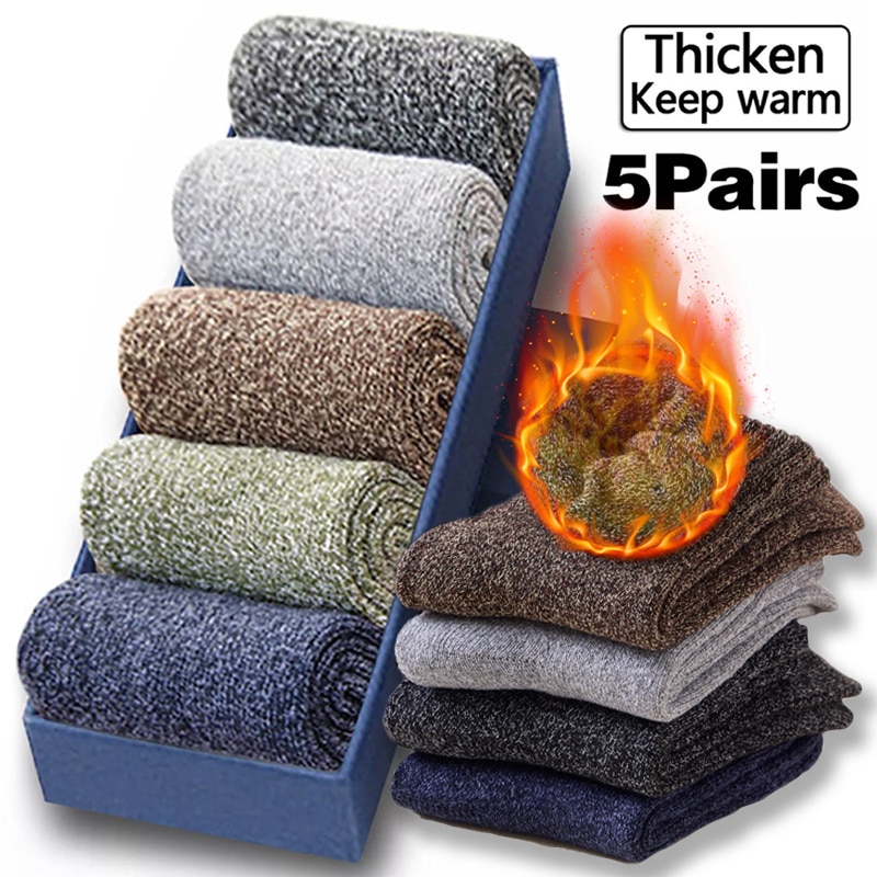 5 Pairs/lot Men Wool Socks High Quality Man Warm Thicken Socks Thermal Cotton Sock Winter Floor Sock Business Casual Male 38-45