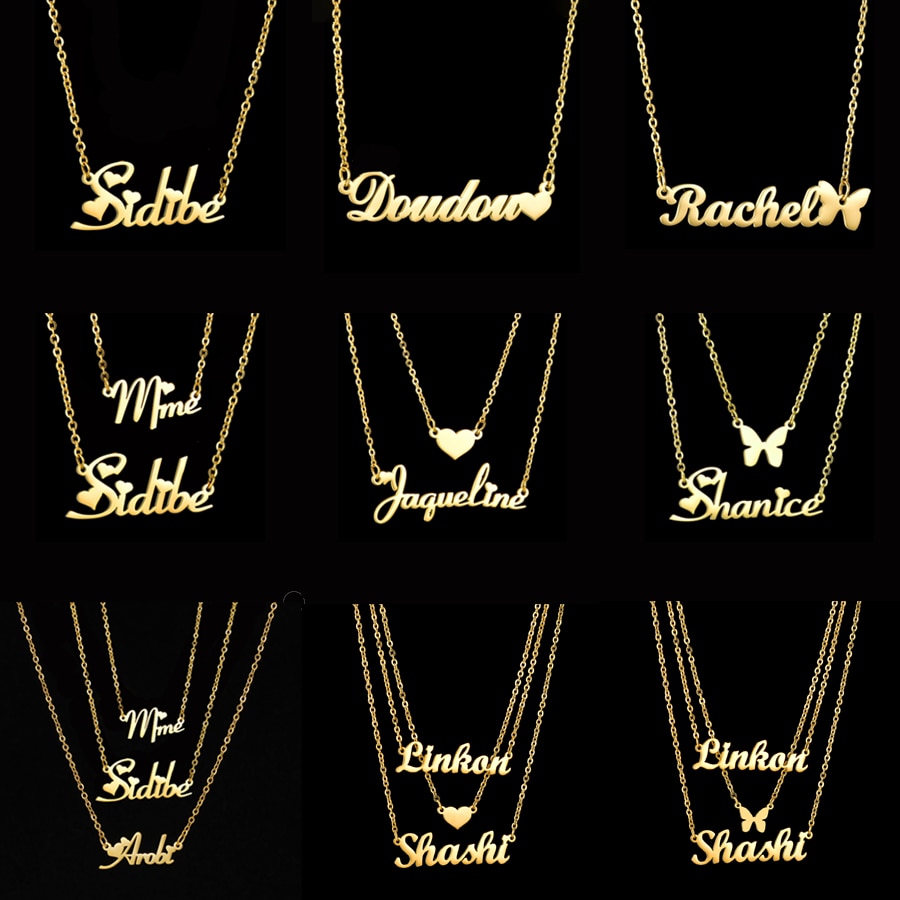 Acheerup Personalized 1-3 Layers Stainless Steel Women Necklace Custom Name Zircon Heart Pendant Chian Jewelry Christmas Gift