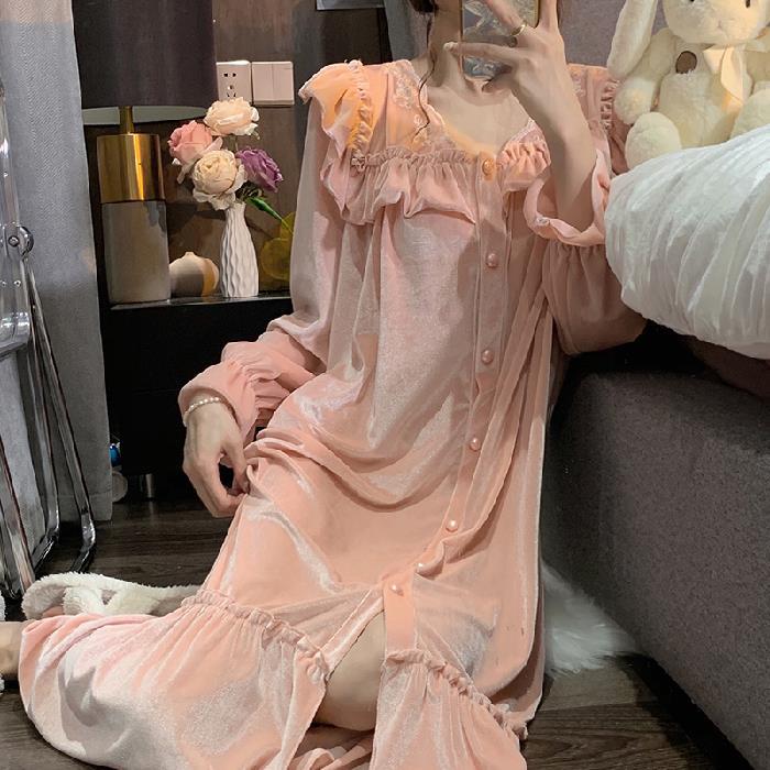 Square Neck Cardigan Night Shirt Home Dress Women Night Dress Casual Sleepwear Golden Velvet In Winter Bean Paste Nightgown