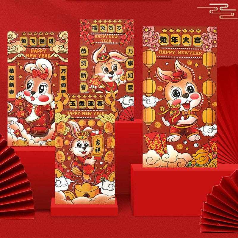 6pcs Cartoon Rabbit Money Packing Bag Red Envelope Year of The Rabbit Red Packet Chinese New Year Packing Bag Lucky Red Packets