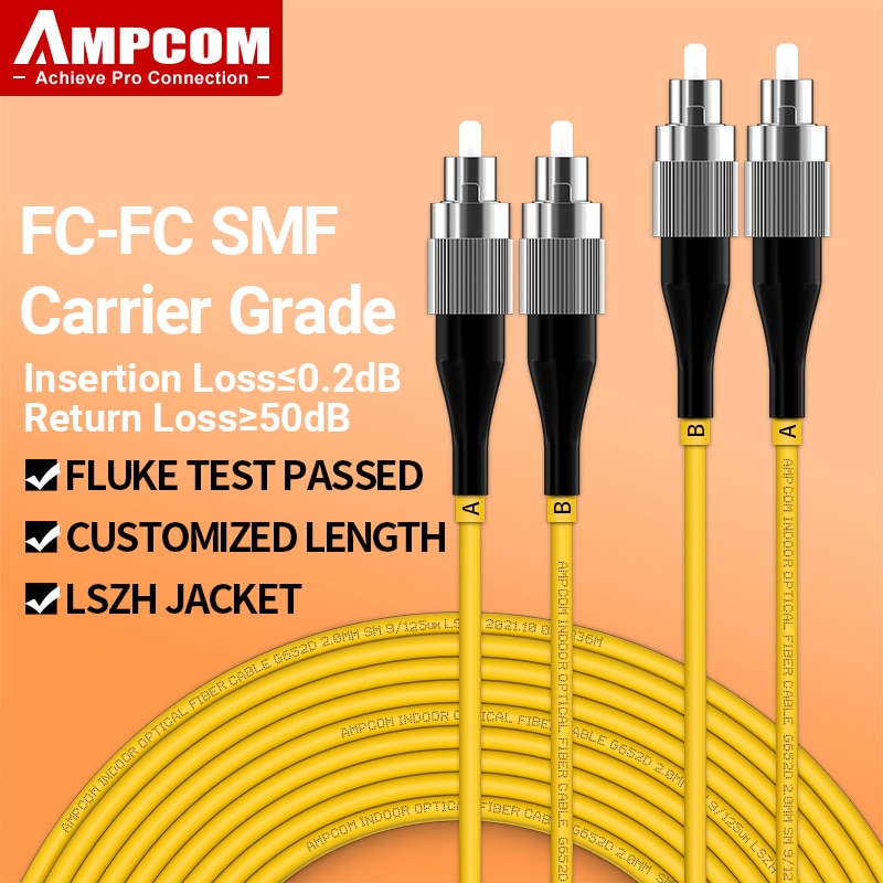 AMPCOM FC to FC UPC Fiber Optical Patch Cable Singlemode Duplex SMF 9/125μm Single Mode Bend Insensitive 2.0mm Fiber Optic Cord