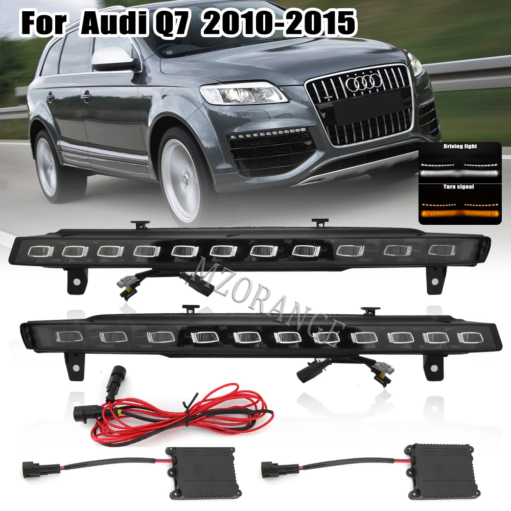 2PCS LED Daytime Running Light For Audi Q7 2010 -2015 Dynamic Yellow Turn Signal Function Car DRL