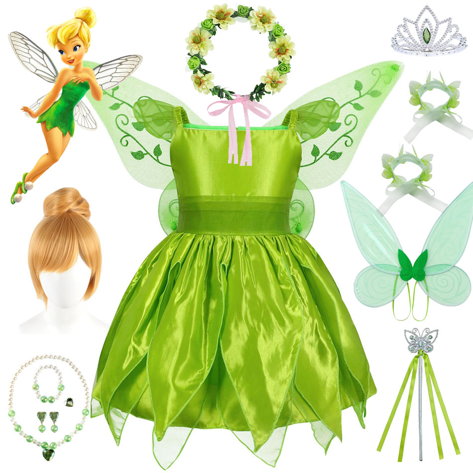 Tinkerbell Princess Dress for Baby Girl Tinker Bell Fairy Green Clothing with Wings Disney Tink Halloween Cosplay Purim 12M 10Y