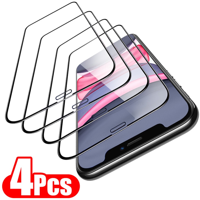 4Pcs Full Cover Tempered Glass On the For iPhone 11 12 13 14 Pro Max Screen Protector For iPhone 6 7 8 Plus X XR XS MAX Glass