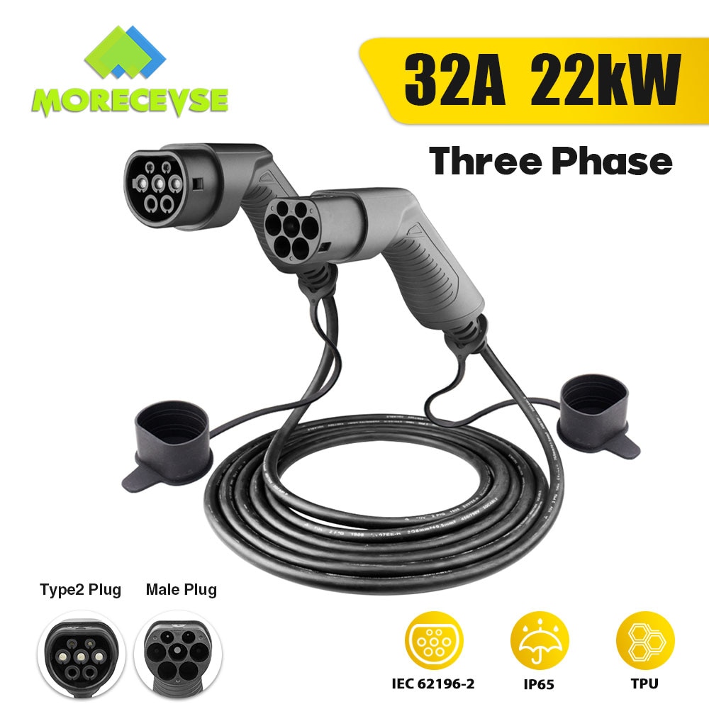 Morec EV Charging Cable 32A 22KW Three Phase Electric Vehicle Cord for Car Charger Station Type 2 Female to Male Plug IEC 62196