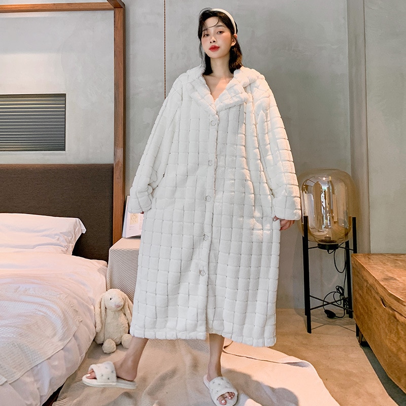 Winter Warm Bathrobes Women Double Layer Thicken Nightgown Kimono Robe Gown With Buttons Plaid Hooded Sleepdress Lingerie
