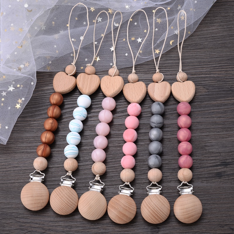 Baby Silicone Beads Pacifier Chain Heart-Shaped Beech Pacifier Clip Infant Nipple Appease Soother Chain Clips Teething Chew Toys
