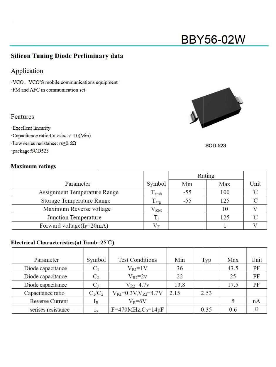 Free Shipping 100PCS BBY56-02W Marking=66 SOD-523(SCD80) BBY56-03W SOD-323 Silicon Tuning Diode Varactor Diode 20mA 10V