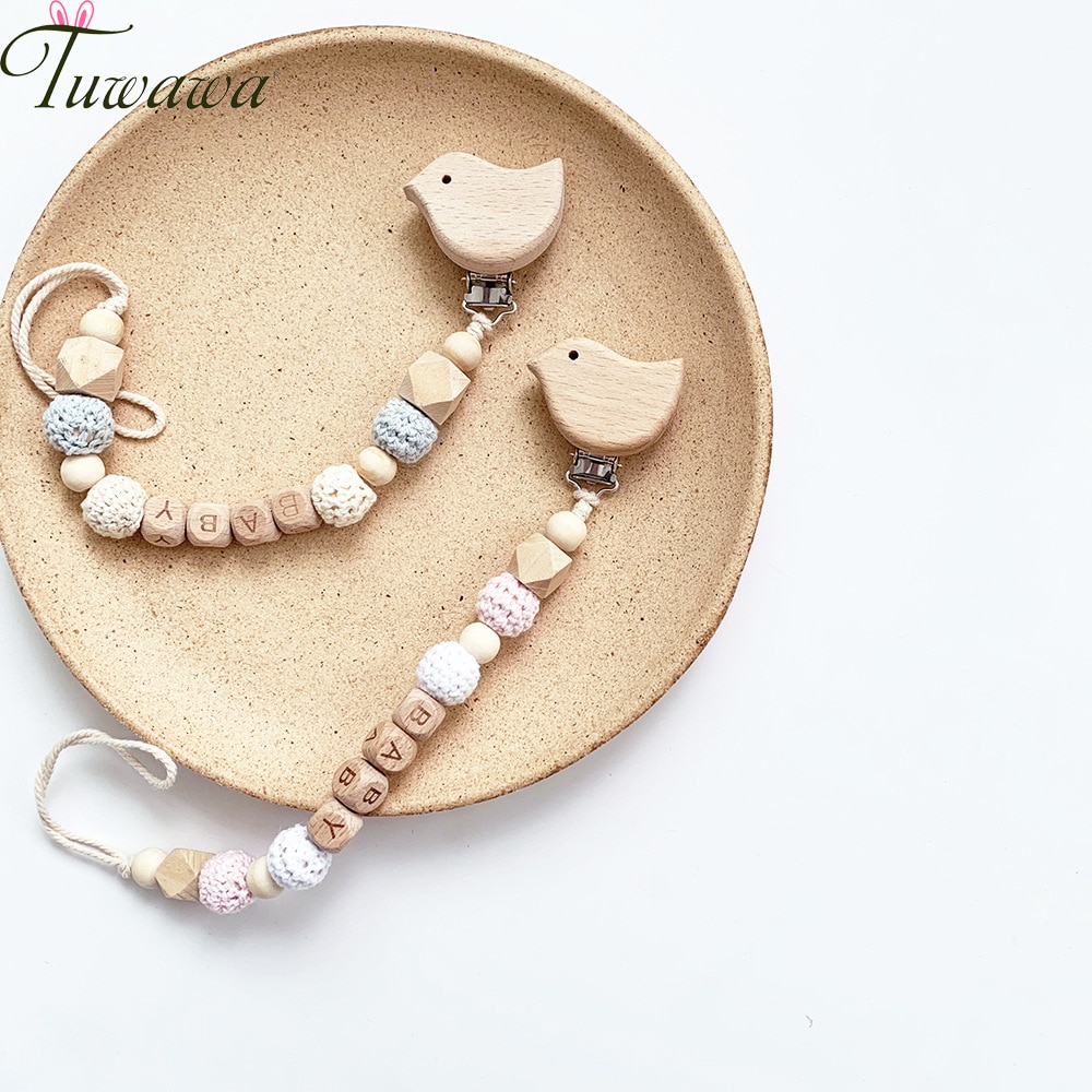 1PC Wooden Pacifier Chain Clips Personalized Dummy Clip Baby Teether Bird Animal Nipple Holder Wooden Beads Children's Gift