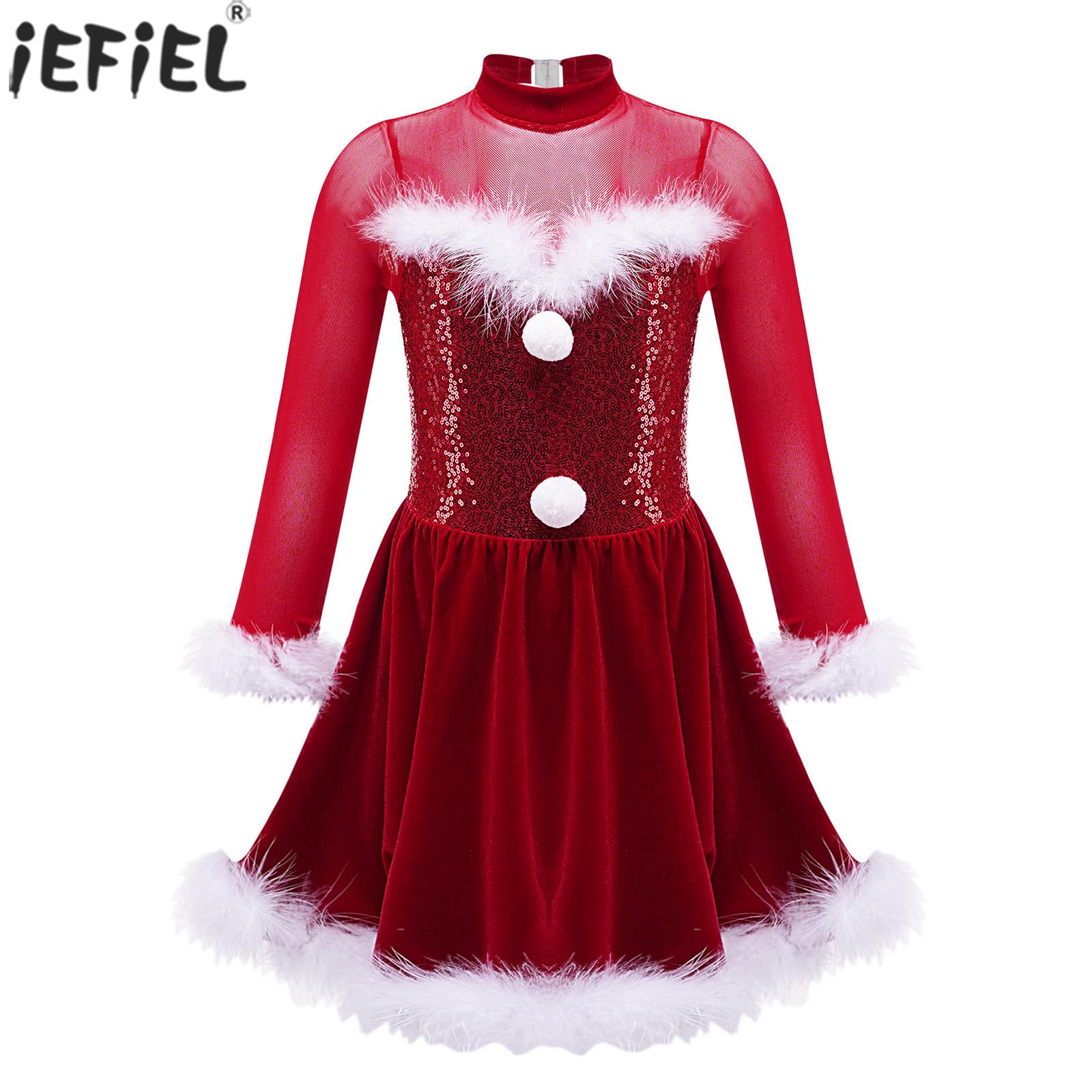 Kids Girls Christmas Mrs Santa Claus Costume Shiny Sequin Long Sleeve Xmas Dance Tutu Dress for Holiday Stage Performance